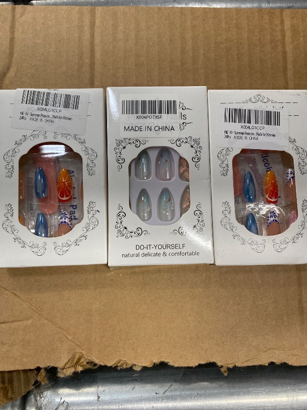 Photo 1 of **3 PACKS OF SUMMER NAILS, SEE PHOTO**Summer Press on Nails Almond Medium Nails Press ons with Fruit Designs Blue Fake Nails Glossy Glue on Nails French Tip Flase Nails Nude Acrylic Nails Cute Stick on Nails for Women 24Pcs