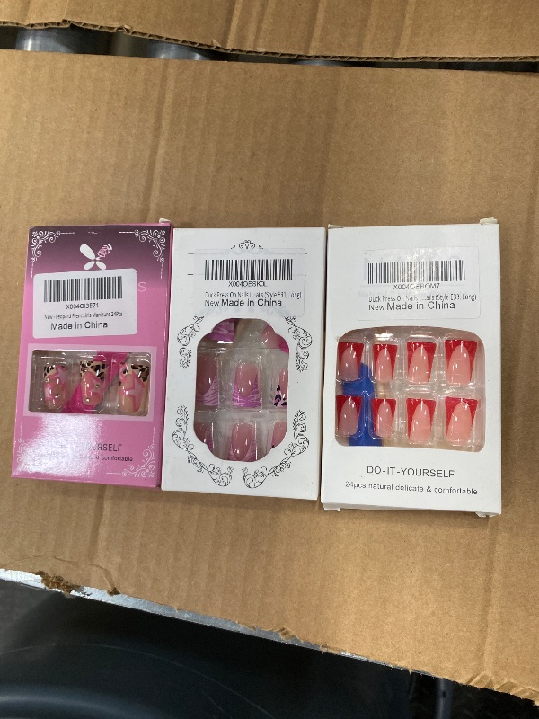 Photo 1 of **3 packs, see second photo for the other designs**Leopard French Tips Press on Nails Medium Duck Fake Nails with Pink Star Design Duckbill 3D Rhinestone False Nails Cheetah Nail Glossy Skin Tones Summer Glue on Nail for Women Girls Manicure 24Pcs