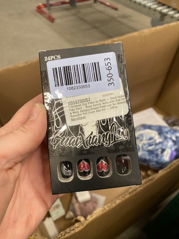 Photo 1 of **2 packs, different designs**Valentines Day Press on Nails - Short Square Fake Nails | Black Acrylic Nails with Red Heart & Wing Designs,Glossy Press ons for Women | Reusable Full Cover Nail Kit - 24Pcs