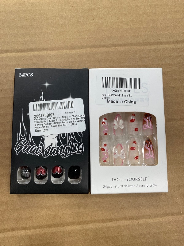 Photo 1 of **2 packs, different designs**Valentines Day Press on Nails - Short Square Fake Nails | Black Acrylic Nails with Red Heart & Wing Designs,Glossy Press ons for Women | Reusable Full Cover Nail Kit - 24Pcs