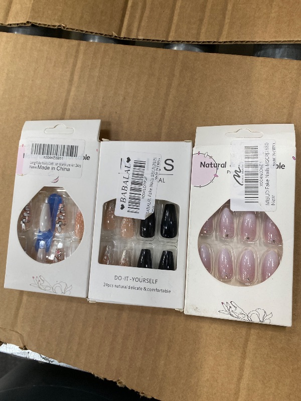 Photo 1 of **3 packs, different designs**BABALAL Press on Nails Long Coffin Fake Nails Black Glue on Nails Glitter Bling Shine Acrylic Nails 24Pcs Ballerina Stick on Nail Supplies DIY Manicure Thick French Tip False Nail Art