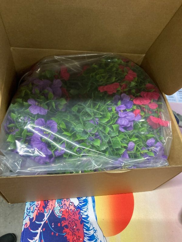 Photo 1 of ***NO BASKET***Artificial Fake Hanging Flowers Plants Spring Outdoor Decor,Faux Silk Flowers with Eucalyptus No Fade Flowerfor Farmhouse Home Garden Porch Patio Balcony(Red Purple)***NO BASKET***
