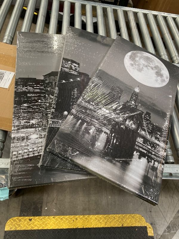 View 3 of ***EDGE OF 1 PIC IS SLICED AS PICTURED***Biuteawal New York Skyline Wall Art Brooklyn Bridge Moon Night View Picture Canvas Print Black and White City Artwork Painting Modern Home Office Living Room Decoration***EDGE OF 1 PIC IS SLICED AS PICTURED***