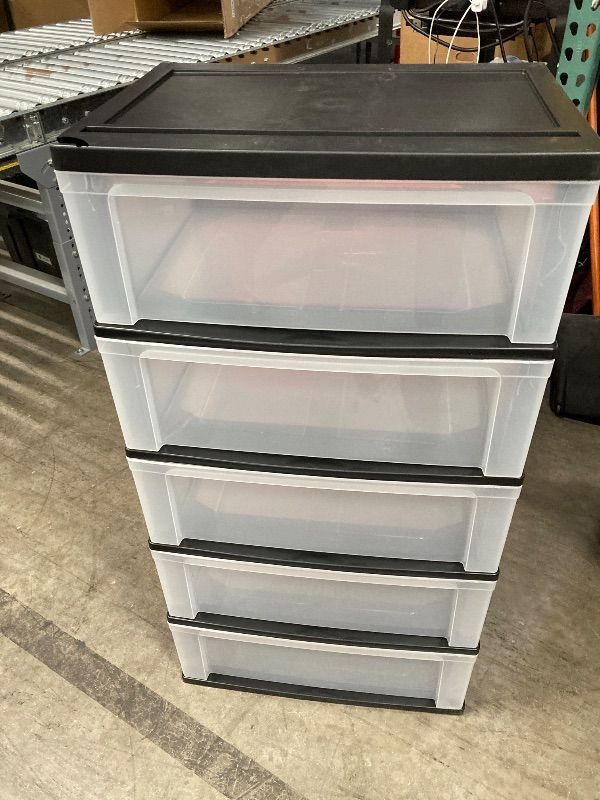 Photo 1 of **DAMGED TOP AND 1ST BIN*** IRIS USA Plastic Drawer Storage Organizer Rolling Cart, with Wheels Casters, 5-Drawers, for Art Craft Supplies Bathroom Dorm Bedroom Laundry Room, Wide, Black