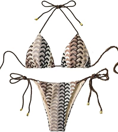 Photo 1 of Triangle Bikini for Women Knitted Rope Halter Bikini Sets Sexy Bathing Suit Side Tie Swimsuits Beachwear