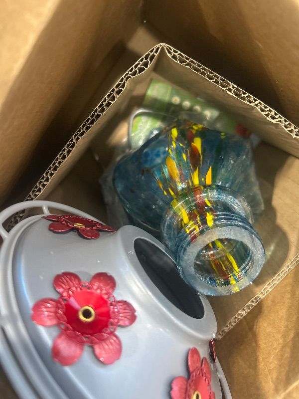 Photo 1 of *MAJOR DAMAGE*
BOLITE Hummingbird Feeder, Hand Blown Glass Hummingbird Feeders for Outdoors Hanging with Ant Moat, 5 Bee-Proof Ports, Leak-Proof, 360° Perch, 22oz, Blue, Gifts for Women Men, Gifts for Mom Dad