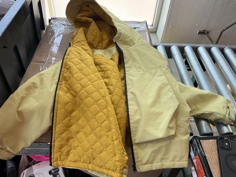 Photo 1 of [Zipper is damaged] Gogokids Boys Girls Waterproof Jacket Insulated Padded Windbreaker Raincoat Sports Hooded Outerwear for Hiking Gear, Yellow, 7-8 Years