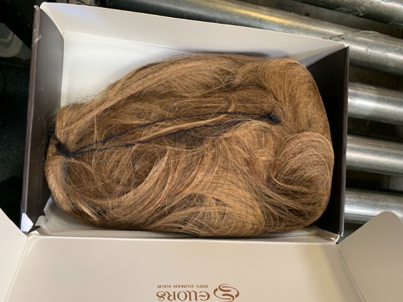 Photo 1 of ELLORS 16 Inch Brown and Gold Ombre Human Hair Wig, Human Hair Wig With Bangs, Real Hair Wigs For Women, real human hair wigs