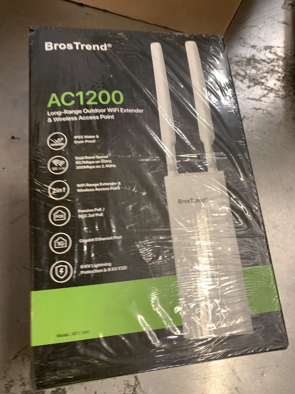 Photo 1 of BrosTrend AC1200 Outdoor WiFi Extender Long Range, Dual Band 5GHz + 2.4GHz, IP65 Weatherproof Gigabit Signal Booster, PoE Powered, with Passive PoE Injector, 2x 5dBi Antennas, Works for Yard, Farm, RV