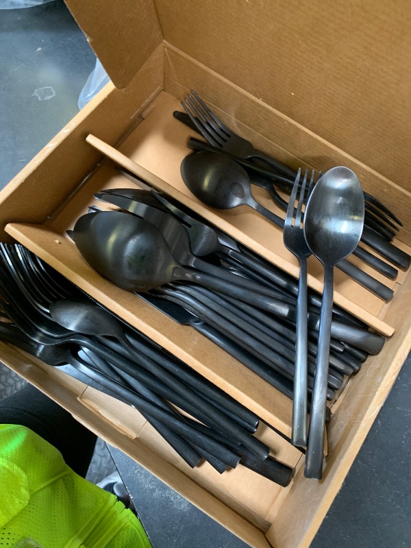 Photo 1 of Alata Potter Black 45-Piece Forged Silverware Set with Utensil-Serving Set, Service for 8, Stainless Steel Flatware Set, Modern Design with Satin Finish, Ideal for Home, Kitchen, Party, Camping