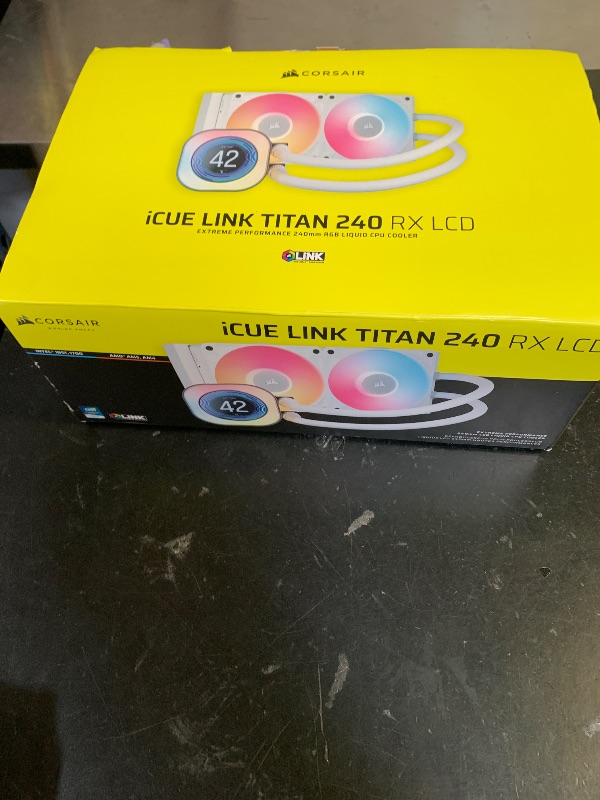 Photo 1 of CORSAIR iCUE Link Titan 240 RX LCD Liquid CPU Cooler – 240mm AIO – Low-Noise – FlowDrive Cooling Engine – Intel LGA 1851/1700, AMD AM5/AM4 – 2X RX120 RGB Fans – iCUE Link System Hub Included – White