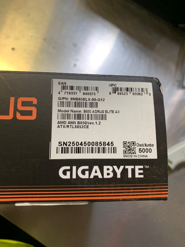 Photo 1 of GIGABYTE B650 AORUS Elite AX AMD AM5 ATX Motherboard, Support Ryzen 9000/8000/7000 Series, DDR5, 14+2+1 Power Phase, PCIe 5.0 M.2, USB-C 3.2 Gen 2, WIFI6E, 2.5GbE, EZ-Latch, Q-Flash, RGB Fusion