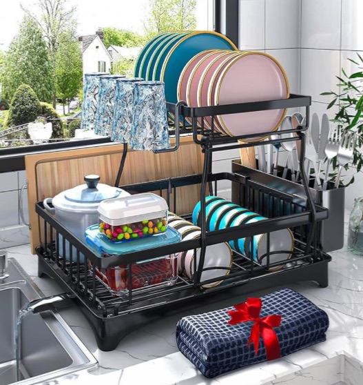 Photo 1 of Godboat Dish Drying Rack, 2-Tier Dish Rack with Auto-Drain & Mat, Dish Racks for Kitchen Counter, Dish Drainer with Knife, Fork & Cup Rack, Gifts for Women, Mothers Day, Cool Stuff & Kitchen Gadgets