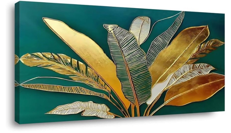 Photo 1 of IDAFU Green Leaf Wall Art, Green and Gold Leaves Wall Painting, Emerald Green Tropical Botanical Décor Canvas Prints, Abstract Sage Boho Painting for Office Home Décor, Ready to Hang 60L x 30W