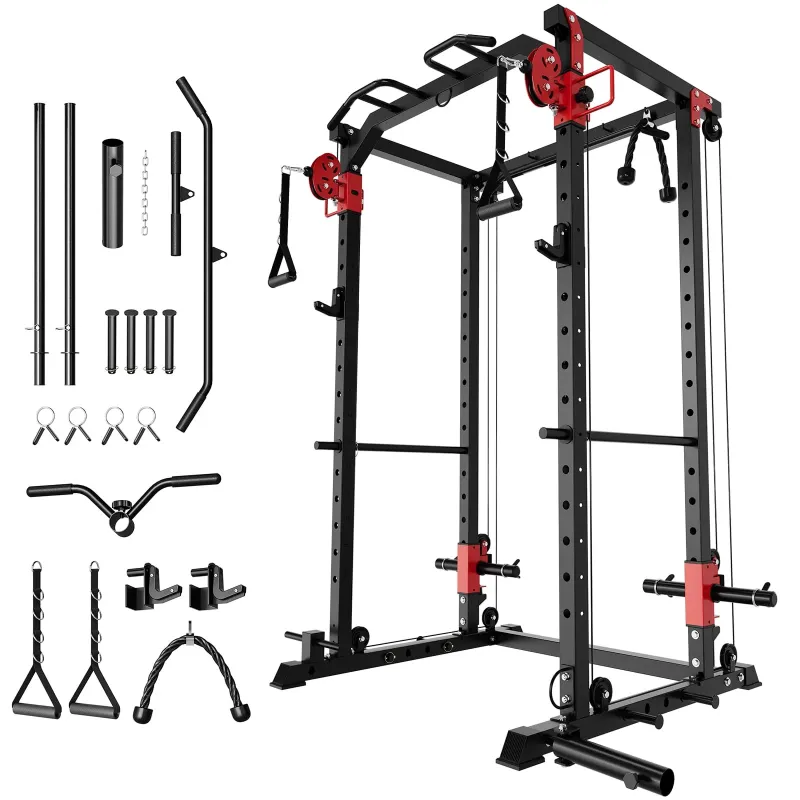 Photo 1 of Garvee Power Cage, Power Rack with Cable Crossover System, 2000LBS Squat Rack with LAT Pull Down System, Workout Cage with Pulley System for Fitness Home Gym Strength Training(Red and Black)