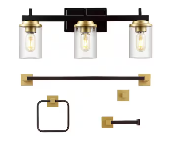Photo 1 of Liam 23.25 in. 3-Light Vanity Light with Bathroom Hardware Accessory Set, Oil Rubbed Bronze/Gold Painting (5-Piece)