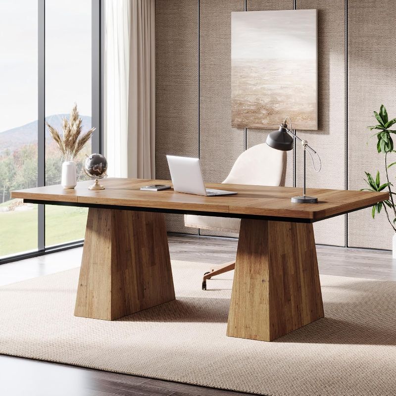 Photo 1 of Tribesigns 63-Inch Executive Desk, Large Office Computer Desk with Double Pedestal, Modern Simple Workstations Writing Table Conference Table Business Furniture for Home Office, Light Brown