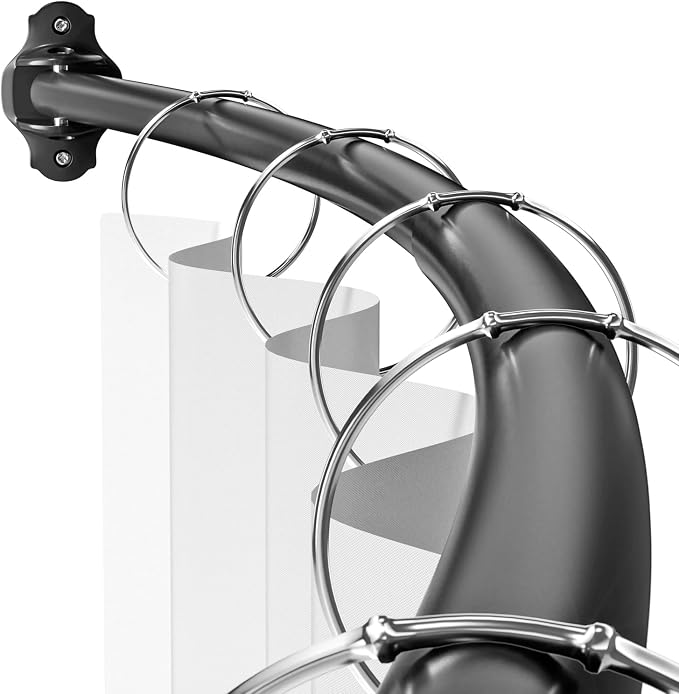 Photo 1 of Mcrbeay 35-65 inches Adjustable Black Shower Curtain Rod, Extra Wide Curved Shower Rods for Bathroom, Stainless Steel Round Shower Curtain Rod for Bathtub, Rustproof, Black