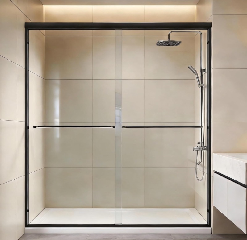 Photo 1 of Double Sliding Shower Door 56-60 in.Wx72 in.H Matte Black
Semi-Frameless Bypass, Double Handle, 1/4 inch Clear Tempered Glass, Walk-in Shower
