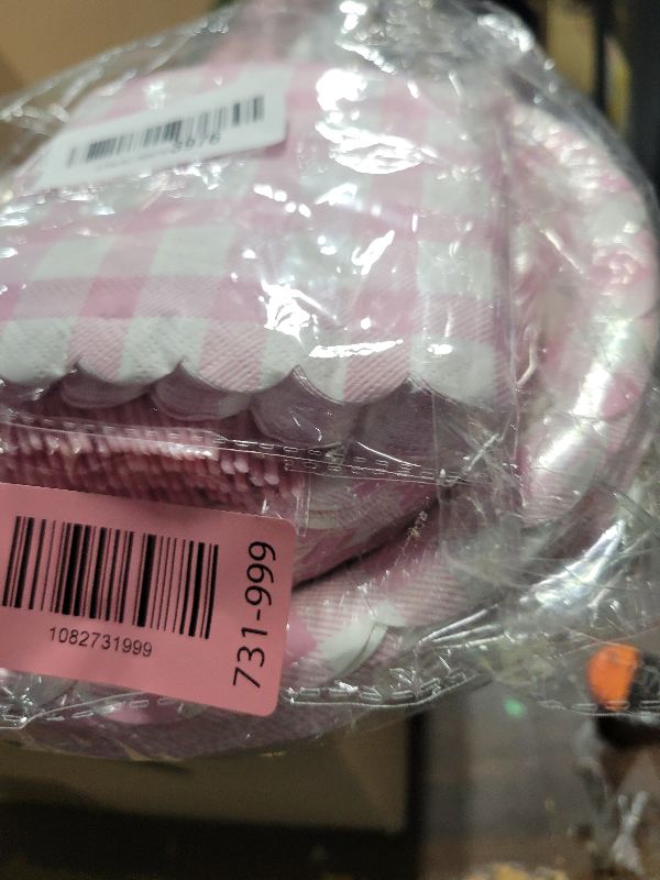Photo 1 of 100 Pcs Pink Gingham Party Supplies - Disposable Light Pink Scalloped Plates, Napkins, Forks for Wedding Bridal Shower Birthday Baby Shower, Serves 25