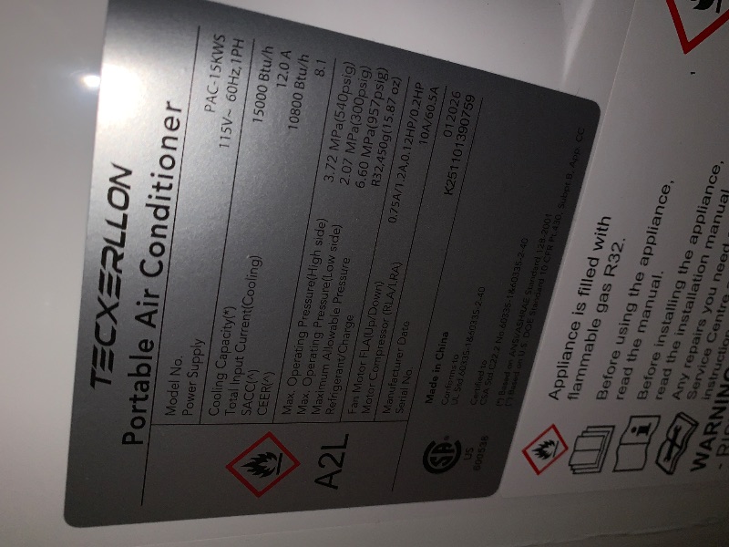 View 4 of **PARTS ONLY** TECXERLLON 15,000 BTU Portable Air Conditioner for Large Room up to 800 Sq. Ft., Quiet 48dB 4-in-1 AC Unit with Dehumidifier, Self-Evaporating, Sleep Mode, Remote & Window Kit