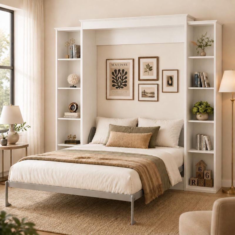 Photo 1 of ***BOX 1/5***Queen Size Murphy Bed with 2 Storage Cabinet, Farmhouse Wood Hidden Foldable Wall Bed Frame, Space Saving Beds with Shelves, Murphy Bed Queen for Guest Room, Apartment,Office,Bedroom, White
