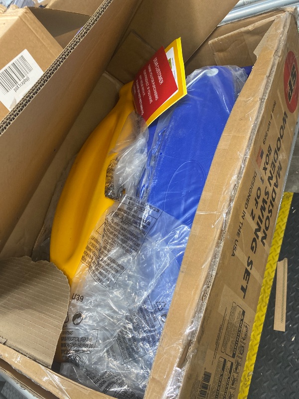 Photo 1 of ***BOX 1 OF 2 - MISSING BOX#2 -SELLING AS INCOMPLETE PARTS ONLY*** Sportspower Madison Cedar Wooden Swing Set: 2 Height Adjustable Swings and 2 Person Roman Glider Swing, Backyard Outdoor Playset for Kids