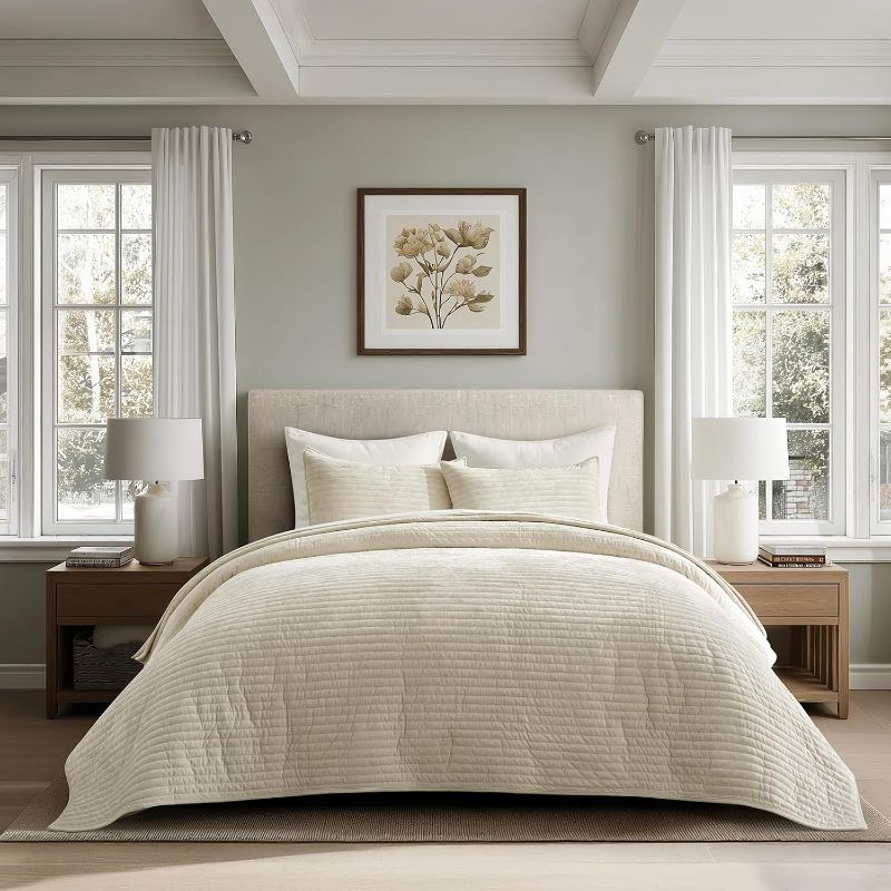 Photo 1 of  Luxurious Soft Striped Channel Bedding Set, Lightweight Velvet Comforter for All Season, Oversized Bedspread Coverlet with 2 Matching Shams, Beige