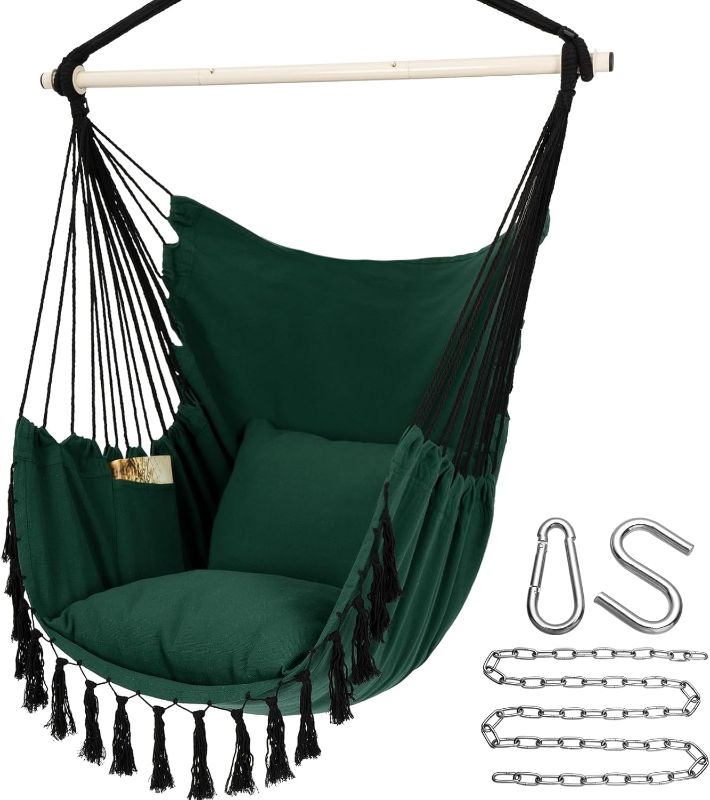 Photo 1 of 
Y- STOP Hammock Chair Hanging Rope Swing, Max 500 Lbs, 2 Cushions Included, Large Macrame Hanging Chair with Pocket for Superior Comfort, with Hardware Kit, Green