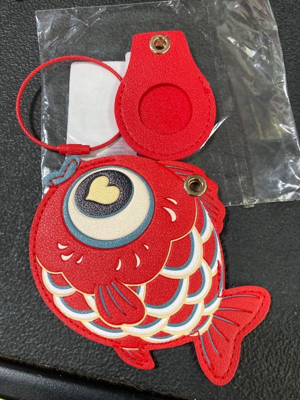Photo 1 of 1 PCS Cute Leather Luggage Tag Holder Case Compatible with AirTag,Hidden Compartment for Travel Suitcase Tracking Case with Stainless Steel Loop,Name ID Label(Red Fish)