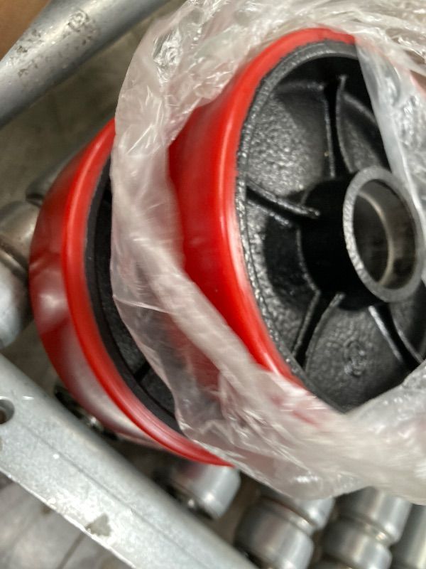 Photo 1 of ***MISSING PARTS***YATOINTO 2pcs Pallet Jack Steer Wheel Set with Axle and Protective Caps | 7" x 2" with Bearings ID 20mm Poly Tread Red Pallet Jack Back Steer Wheel Replacement Kit, Tool Kit Included