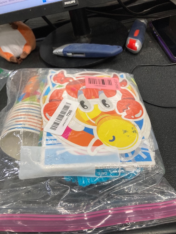 Photo 1 of ***MISSING PIECES -SELLING AS INCOMPLETE*** Qyeahkj  Party Supplies Plates Napkins Set Includes Summer Plates Napkins Cups Tablecloth Swirls Banner Tableware Kit Beach Hawaiian Pool Birthday Decorations Favors for Kids