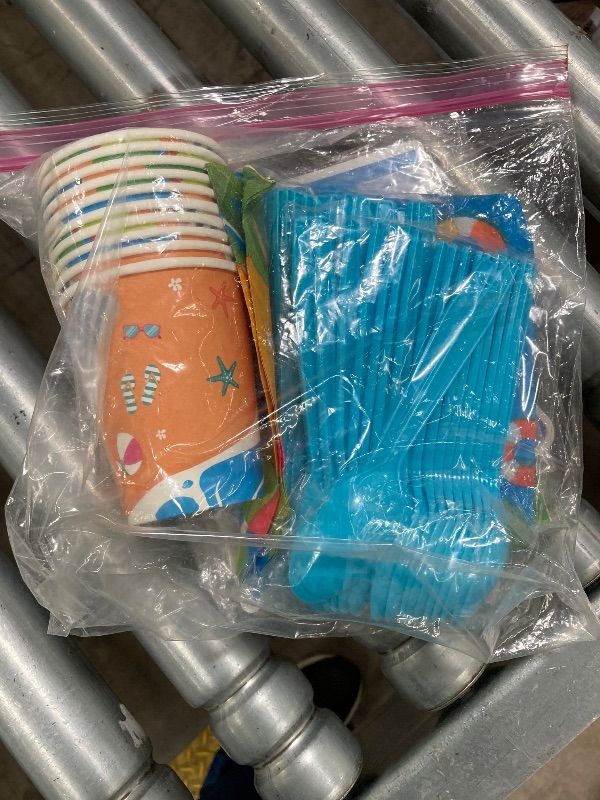 Photo 1 of ***MISSING PIECES -SELLING AS INCOMPLETE*** Qyeahkj  Party Supplies Plates Napkins Set Includes Summer Plates Napkins Cups Tablecloth Swirls Banner Tableware Kit Beach Hawaiian Pool Birthday Decorations Favors for Kids