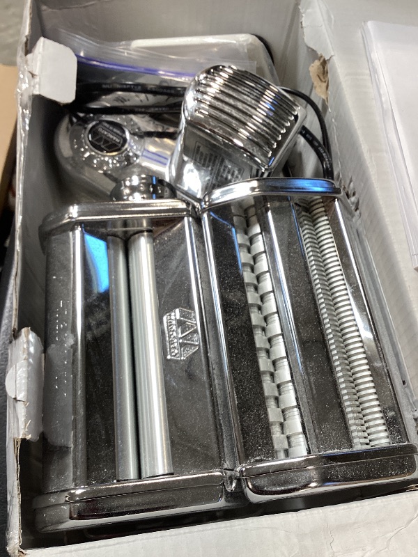 Photo 1 of MARCATO Made in Italy Atlasmotor 110V Electric Pasta Machine, Chrome Steel. Set includes Atlas 150, handcrank, clamp, Pastadrive motor, and instruction manual