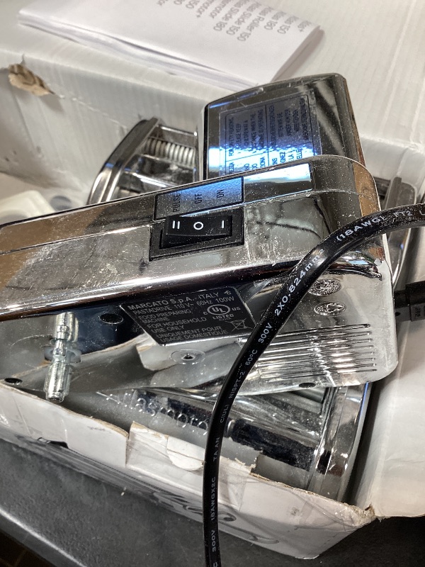 Photo 1 of MARCATO Made in Italy Atlasmotor 110V Electric Pasta Machine, Chrome Steel. Set includes Atlas 150, handcrank, clamp, Pastadrive motor, and instruction manual