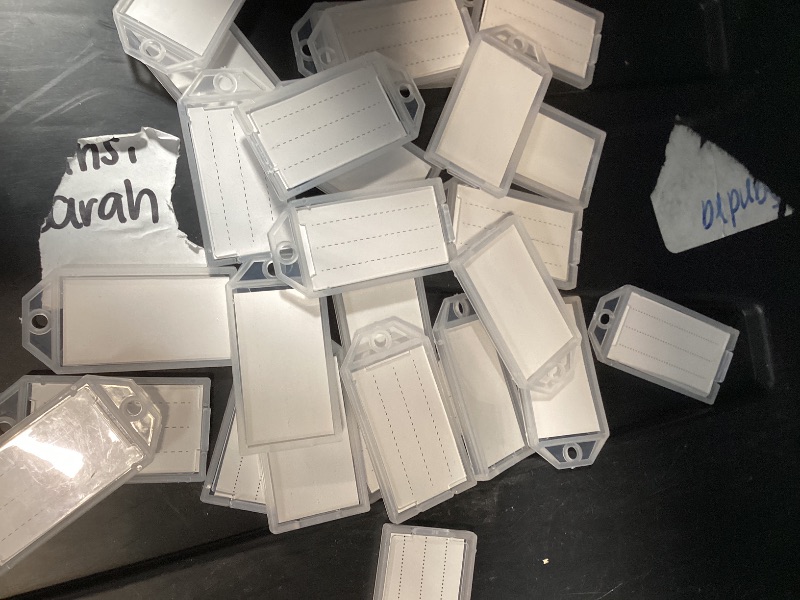 Photo 1 of *** 4 missing pcs **White Plastic Key Tags with Labels, Coideal 30 Pcs Tough Key Chain Tag ID Identifiers with Clear Label Window & Strong Split Ring
