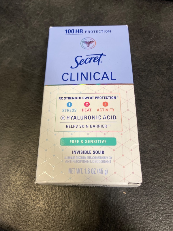 View 2 of Secret Clinical Strength Antiperspirant Deodorant for Women, Free & Sensitive, 100hr Sweat & Odor Protection, 3X Stress Protection with Hyaluronic Acid, Invisible Solid, Unscented, 1.6 oz 
