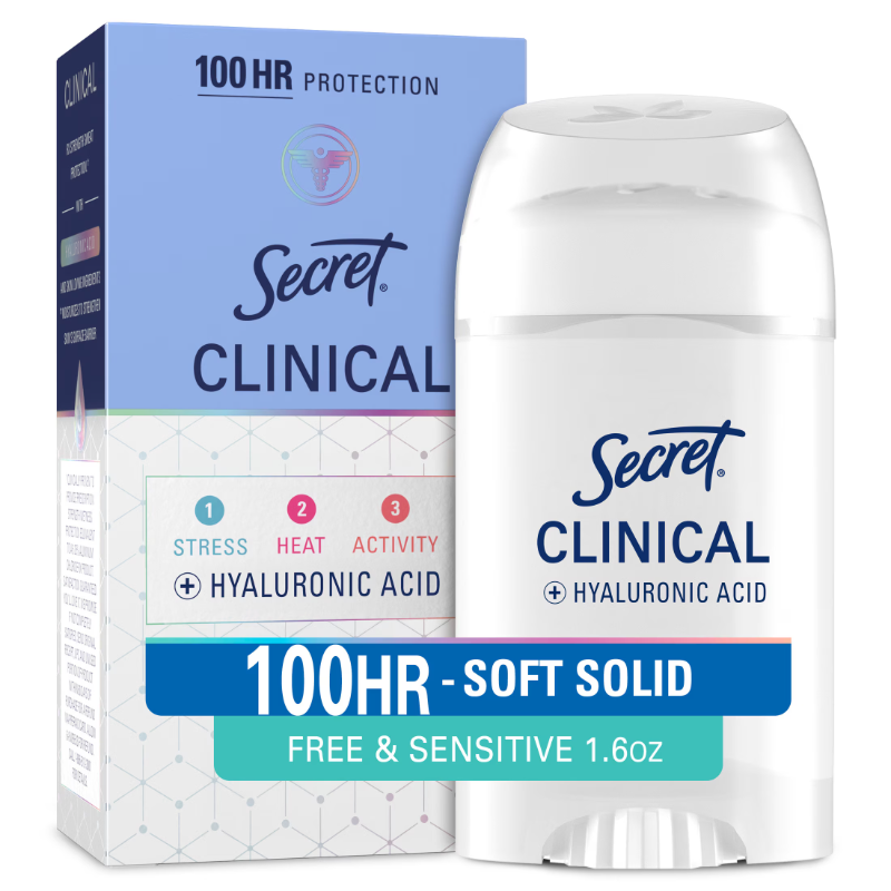 Photo 1 of Secret Clinical Strength Antiperspirant Deodorant for Women, Free & Sensitive, 100hr Sweat & Odor Protection, 3X Stress Protection with Hyaluronic Acid, Invisible Solid, Unscented, 1.6 oz