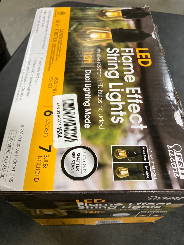 Photo 1 of Feit Electric LED String Lights with Flame Bulbs Effect, 12ft Commercial Grade and Shatter Resistant String Lights, 6 Sockets, Linkable, 15,000-Hour Lifetime, SL12-6/FLAME, 7 Bulbs Included