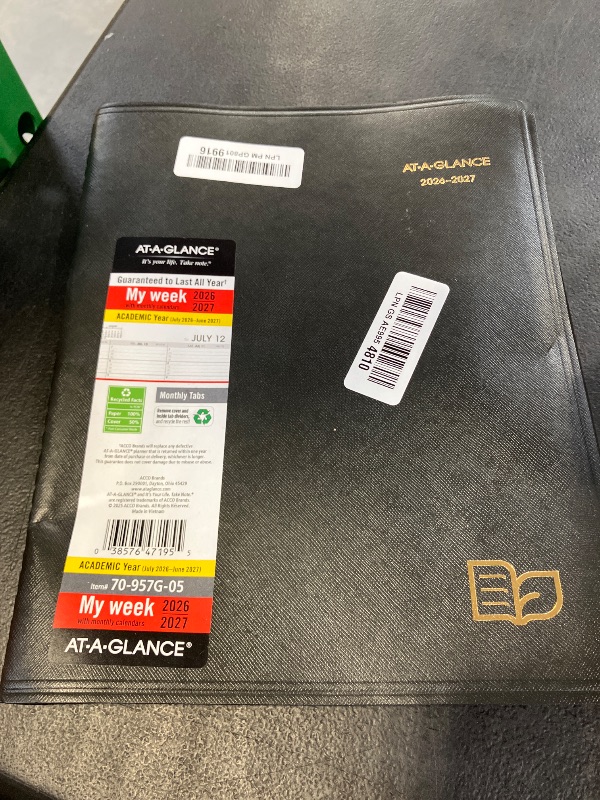 Photo 1 of AT-A-GLANCE Planner 2026-2027 Weekly & Monthly Academic 12-Month July-June Quarter-Hourly Appointment Book, 8-1/4" x 11", Recycled, Black (70957G05)