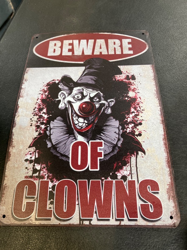 Photo 1 of Halloween Signs Clown Decorations Creepy Stuff Scary Decor For Circus Yard Warning Metal Sign Beware Of Clowns 12x8 Inches