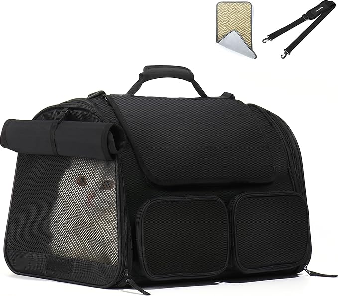 Photo 1 of Cat Carrier, Airline Approved Dog Carrier with Rollable Cover | Breathable Soft Cat Carrier, Multiple Doors & Storage Pockets Cat Travel Bag, Durable Pet Carrier for Cat Under 15 lb, Black
