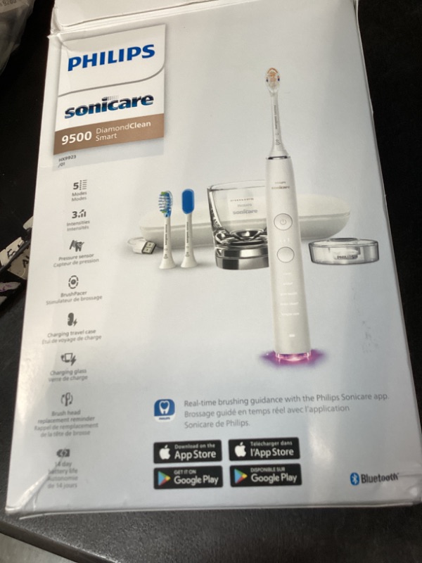 Photo 1 of Philips Sonicare DiamondClean Smart 9500 Electric Toothbrush - Sonic Toothbrush with App, Pressure Sensor, 15 Brushing Settings, Replacement Reminder, USB Charging Travel Case, White, Model HX9923/01