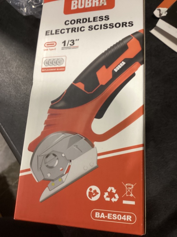 Photo 1 of Cordless Electric Scissors 4V Rechargeable Cardboard Cutter with 4 SK5 Blades, 2000mAh Battery, LED Light, Electric Box Cutter 1/3” Cutting Capacity Power Cutter for Fabric Carpet Leather - Orange
