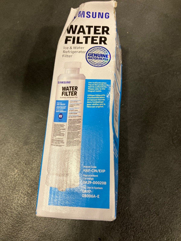 Photo 1 of SAMSUNG Genuine Filter for Refrigerator Water and Ice, Carbon Block Filtration for Clean, Clear Drinking Water, 6-Month Life, HAF-CIN/EXP, 1 Pack
