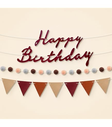 Photo 1 of KatchOn, Burgundy Happy Birthday Banner Set – Pre Strung, 10 Ft | Triangle Flag Banner and Pom Pom Garland, Reusable | Burgundy Birthday Decorations for Women, Men | Boho Party Decorations