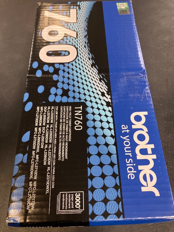 Photo 1 of Brother Genuine TN760 High Yield Black Toner Cartridge, (for use with MFC-L2710DW MFC-L2750DW HL-L2350DW HL-L2370DW HL-L2395DW HL-L2390DW DCP-L2550DW Printers) (Pack of 1)