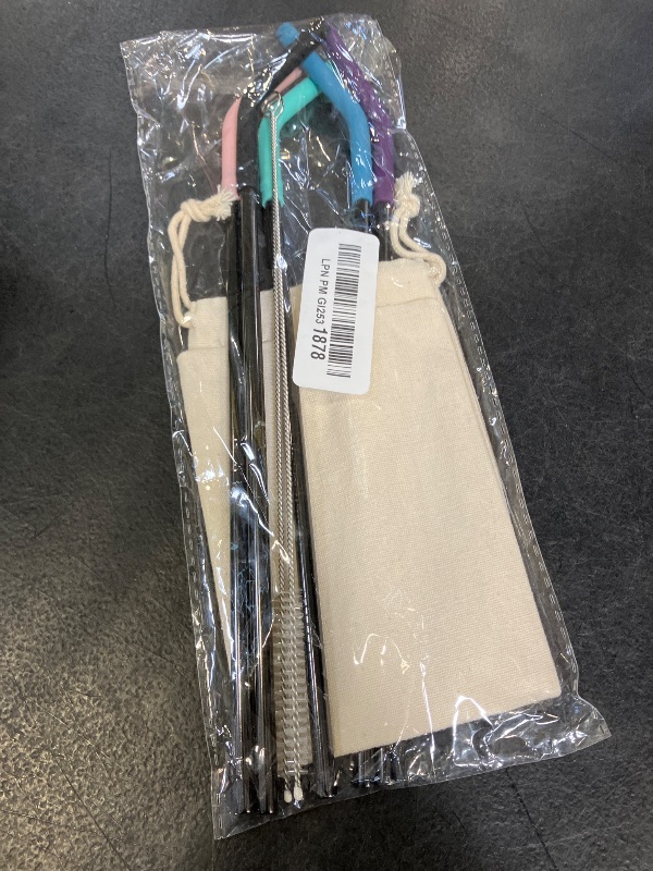 View 2 of Senneny Set of 5 Stainless Steel Straws with Silicone Flex Tips Elbows Cover, 2 Cleaning Brushes and 1 Portable Bag Included (Black)- 6mm diameter