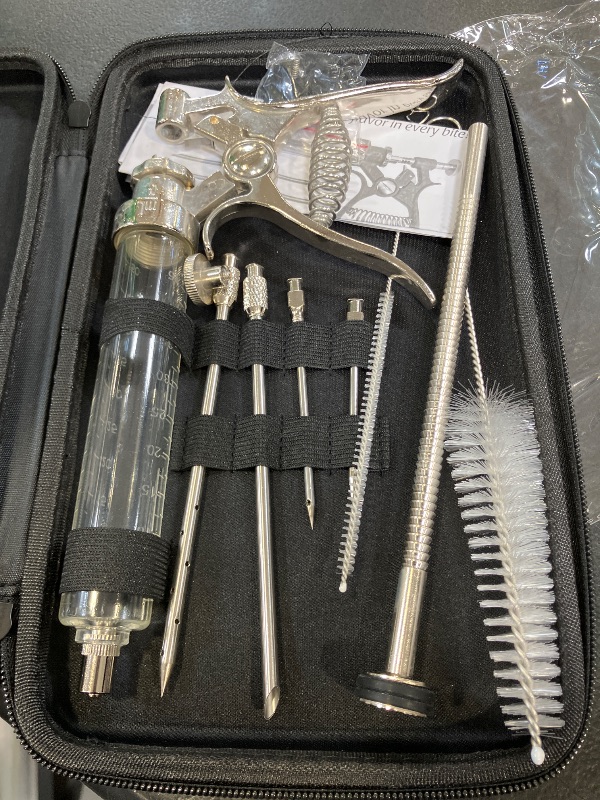 Photo 1 of J&B Goods Professional Automatic BBQ Meat Marinade Injector Gun Kit with Case, 2 oz Large Capacity Barrel and 4 Commercial Grade Marinade Needles.
