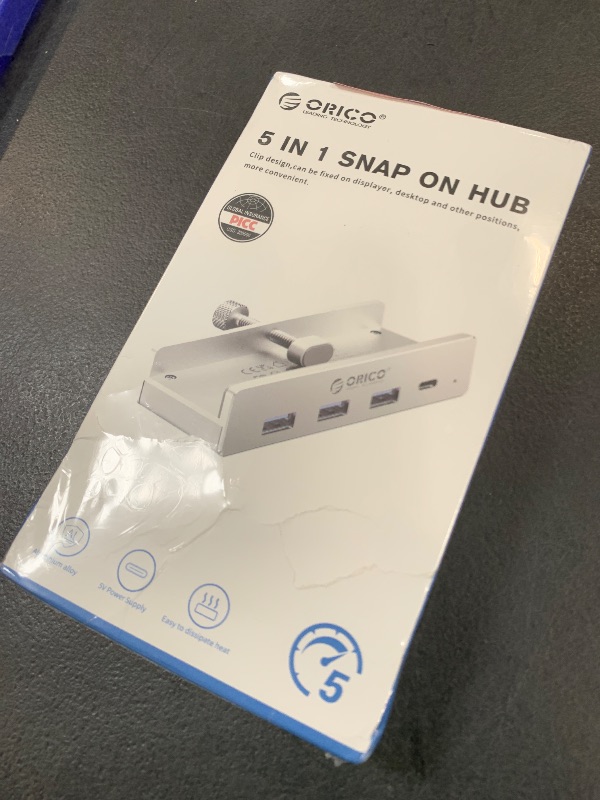 Photo 1 of ORICO USB Hub 3.0, Clamp USB Hub with Extra Power Supply Port, Aluminum 4-Port USB Adapter with 3 USB-A Data Ports, USB-C Port for Monitors, Desks (Black)